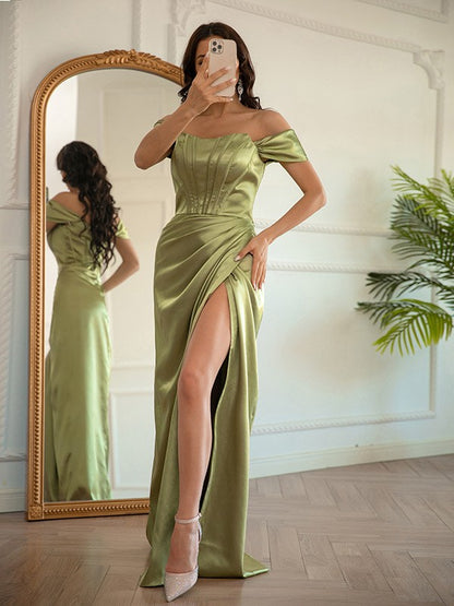 Wholesa Sheath/Column Woven Satin Ruched Off-the-Shoulder Sleeveless Floor-Length Dresses