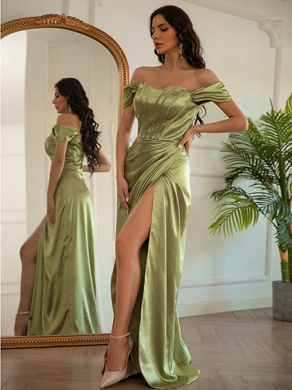 Wholesa Sheath/Column Woven Satin Ruched Off-the-Shoulder Sleeveless Floor-Length Dresses