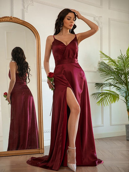 Wholesa A-Line/Princess Silk like Satin Ruched V-neck Sleeveless Sweep/Brush Train Dresses