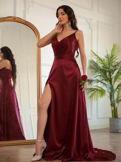 Wholesa A-Line/Princess Silk like Satin Ruched V-neck Sleeveless Sweep/Brush Train Dresses