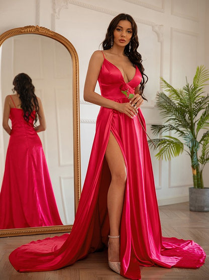 Wholesa A-Line/Princess Silk like Satin Ruched V-neck Sleeveless Sweep/Brush Train Dresses