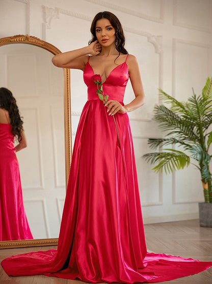 Wholesa A-Line/Princess Silk like Satin Ruched V-neck Sleeveless Sweep/Brush Train Dresses