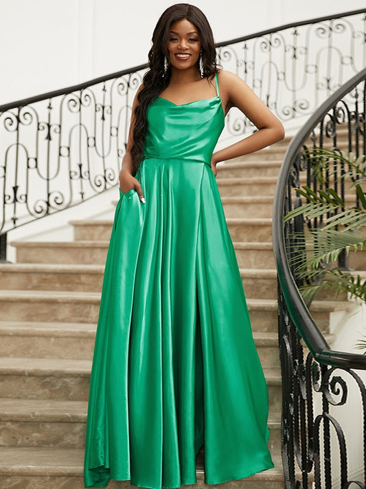 Wholesa A-Line/Princess Silk like Satin Ruffles Spaghetti Straps Sleeveless Sweep/Brush Train Dresses