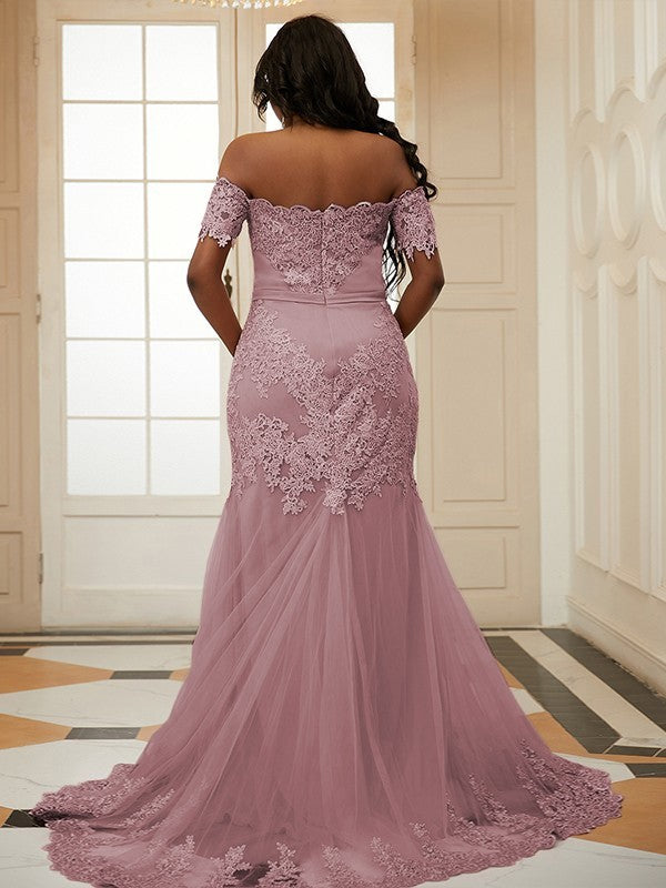 Wholesa Sheath/Column Tulle Applique Off-the-Shoulder Sleeveless Sweep/Brush Train Dresses