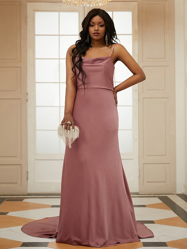 Wholesa Sheath/Column Woven Satin Ruched Spaghetti Straps Sleeveless Sweep/Brush Train Dresses