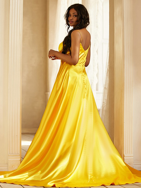 Wholesa A-Line/Princess Silk like Satin Ruched V-neck Sleeveless Sweep/Brush Train Dresses