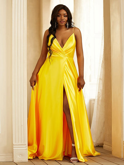 Wholesa A-Line/Princess Silk like Satin Ruched V-neck Sleeveless Sweep/Brush Train Dresses