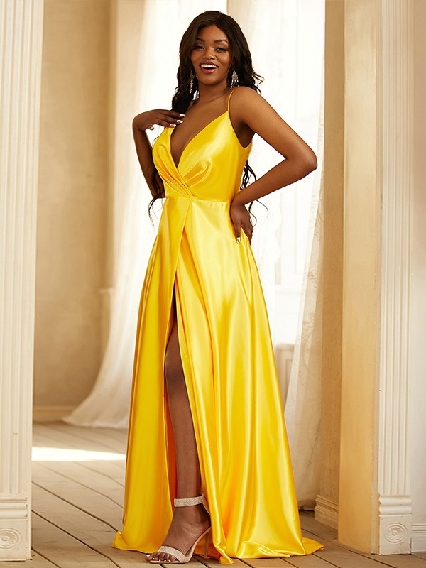 Wholesa A-Line/Princess Silk like Satin Ruched V-neck Sleeveless Sweep/Brush Train Dresses