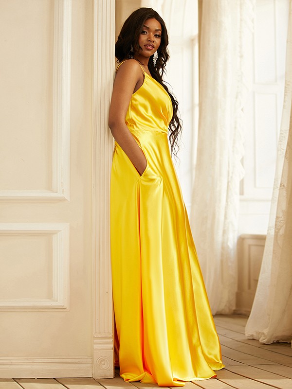 Wholesa A-Line/Princess Silk like Satin Ruched V-neck Sleeveless Sweep/Brush Train Dresses