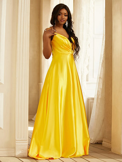 Wholesa A-Line/Princess Silk like Satin Ruched V-neck Sleeveless Sweep/Brush Train Dresses