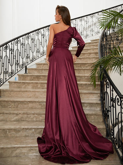 Wholesa Sheath/Column Woven Satin Ruched One-Shoulder Long Sleeves Sweep/Brush Train Dresses