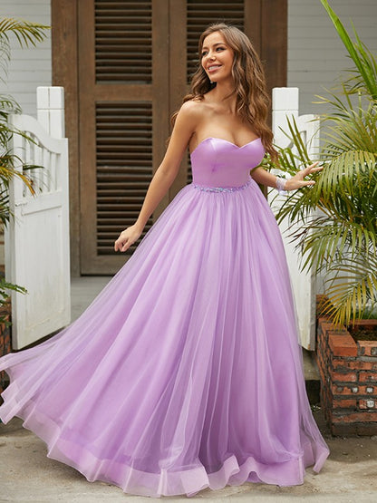 Wholesa A-Line/Princess Tulle Ruffles Sweetheart Sleeveless Floor-Length Dresses