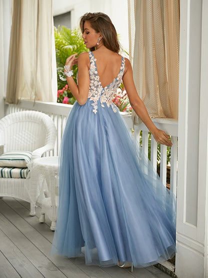 Wholesa A-Line/Princess Tulle Applique V-neck Sleeveless Floor-Length Dresses