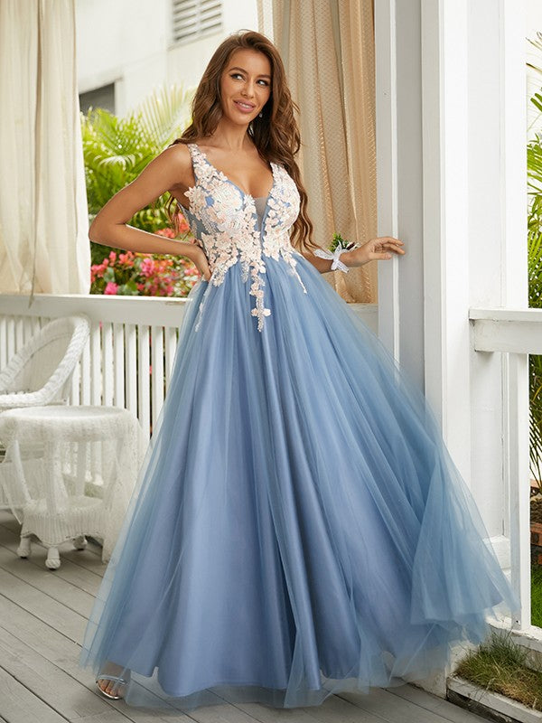 Wholesa A-Line/Princess Tulle Applique V-neck Sleeveless Floor-Length Dresses