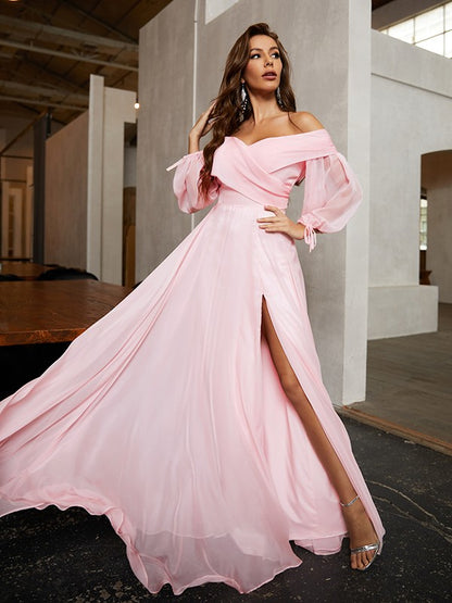 Wholesa A-Line/Princess 30D Chiffon Ruffles Off-the-Shoulder Long Sleeves Floor-Length Dresses