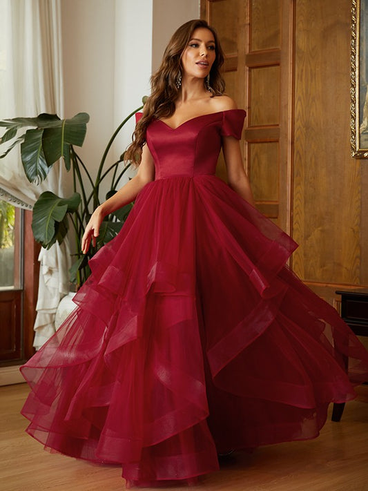 Wholesa A-Line/Princess Tulle Ruffles Off-the-Shoulder Sleeveless Floor-Length Dresses