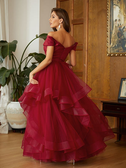 Wholesa A-Line/Princess Tulle Ruffles Off-the-Shoulder Sleeveless Floor-Length Dresses