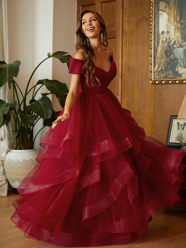 Wholesa A-Line/Princess Tulle Ruffles Off-the-Shoulder Sleeveless Floor-Length Dresses