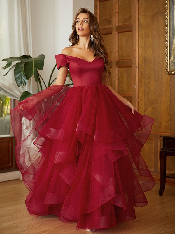 Wholesa A-Line/Princess Tulle Ruffles Off-the-Shoulder Sleeveless Floor-Length Dresses