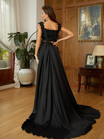 Wholesa A-Line/Princess Woven Satin Applique Off-the-Shoulder Sleeveless Sweep/Brush Train Two Piece Dresses