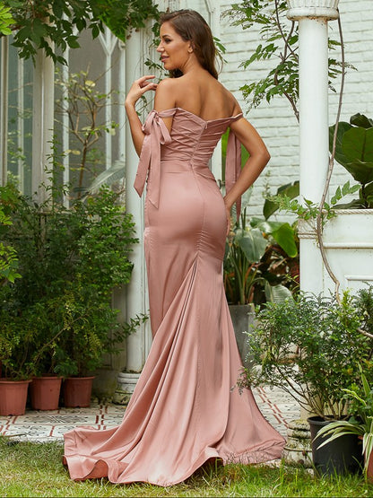 Wholesa Sheath/Column Ruched Off-the-Shoulder Sleeveless Sweep/Brush Train Bridesmaid Dresses