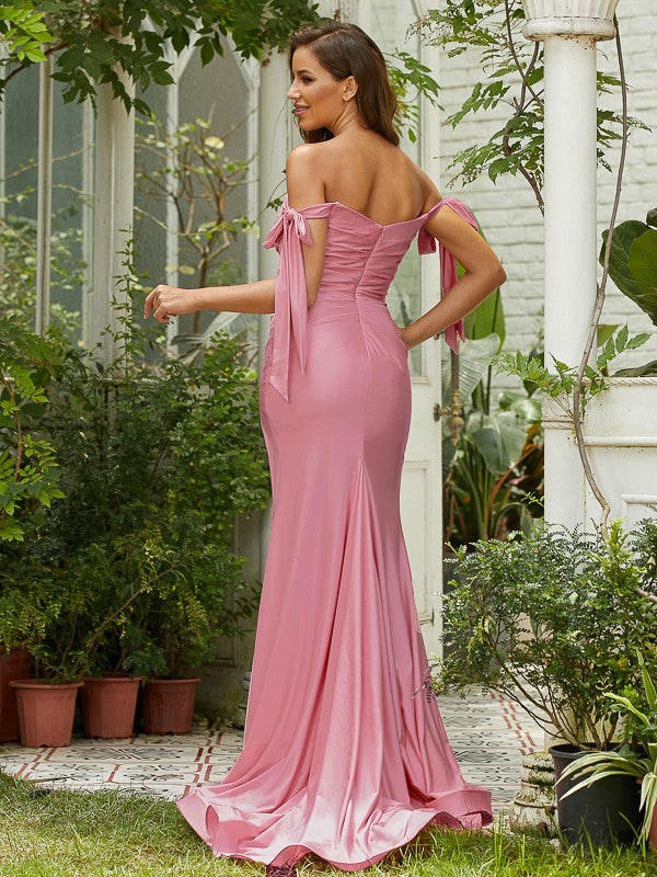 Wholesa Sheath/Column Jersey Ruched Off-the-Shoulder Sleeveless Sweep/Brush Train Bridesmaid Dresses