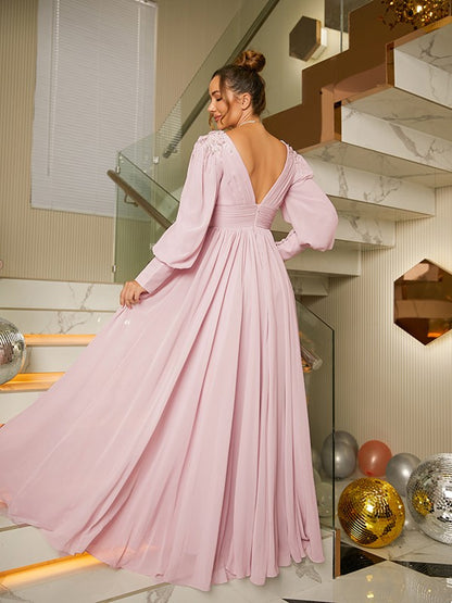 Wholesa A-Line/Princess Chiffon Ruffles V-neck Long Sleeves Floor-Length Dresses