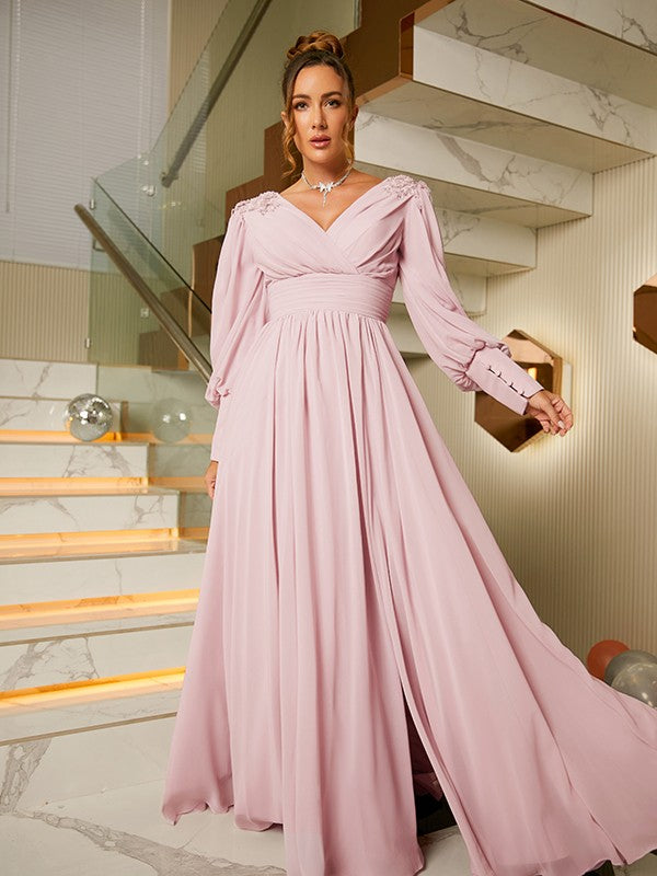 Wholesa A-Line/Princess Chiffon Ruffles V-neck Long Sleeves Floor-Length Dresses