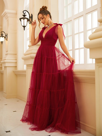 Wholesa A-Line/Princess Tulle Ruffles V-neck Sleeveless Sweep/Brush Train Dresses