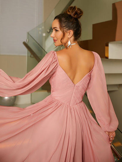 Wholesa A-Line/Princess 30D Chiffon Ruched V-neck Long Sleeves Floor-Length Dresses