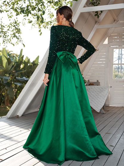 Wholesa A-Line/Princess Velvet Sequins Bowknot V-neck Long Sleeves Sweep/Brush Train Dresses