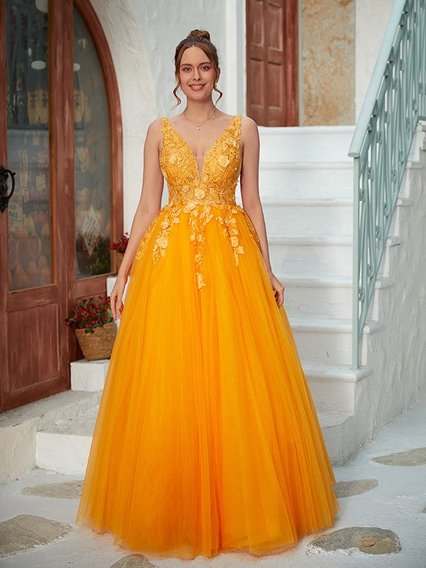 Wholesa A-Line/Princess Tulle Applique V-neck Sleeveless Floor-Length Dresses