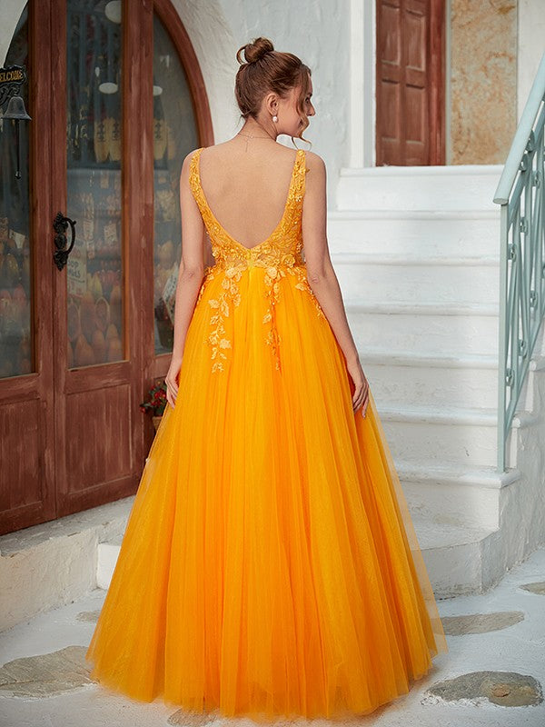 Wholesa A-Line/Princess Tulle Applique V-neck Sleeveless Floor-Length Dresses