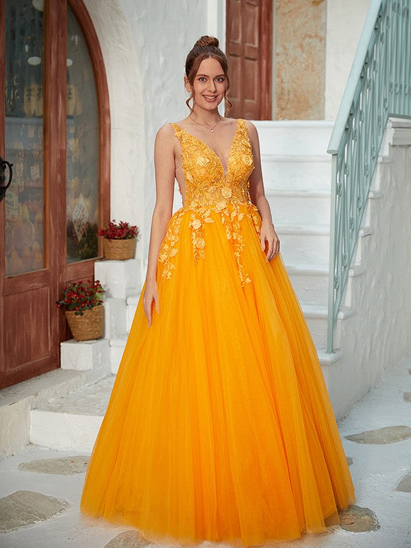 Wholesa A-Line/Princess Tulle Applique V-neck Sleeveless Floor-Length Dresses