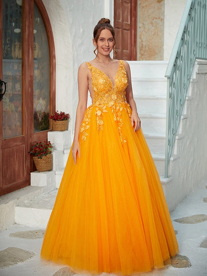 Wholesa A-Line/Princess Tulle Applique V-neck Sleeveless Floor-Length Dresses