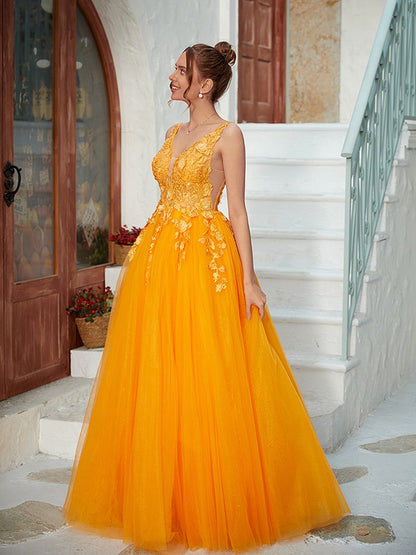 Wholesa A-Line/Princess Tulle Applique V-neck Sleeveless Floor-Length Dresses