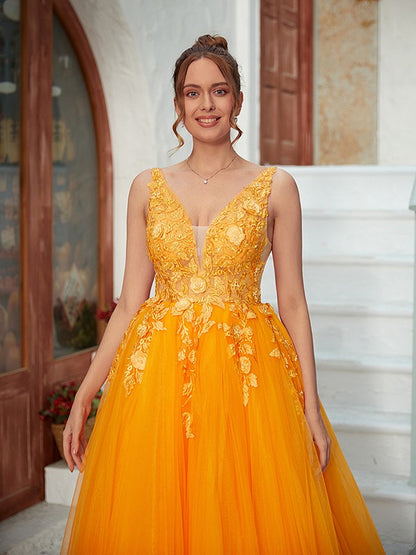 Wholesa A-Line/Princess Tulle Applique V-neck Sleeveless Floor-Length Dresses