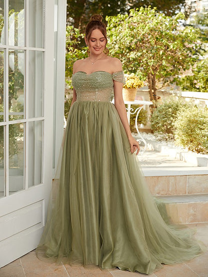 Wholesa A-Line/Princess Tulle Ruched Off-the-Shoulder Sleeveless Court Train Dresses