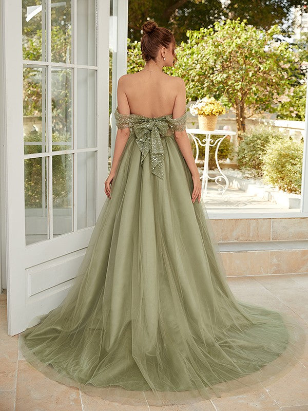 Wholesa A-Line/Princess Tulle Ruched Off-the-Shoulder Sleeveless Court Train Dresses