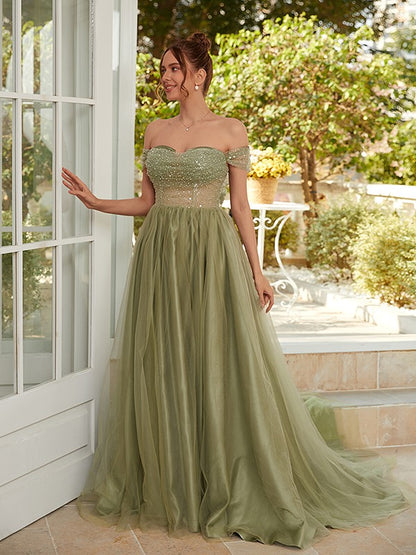 Wholesa A-Line/Princess Tulle Ruched Off-the-Shoulder Sleeveless Court Train Dresses