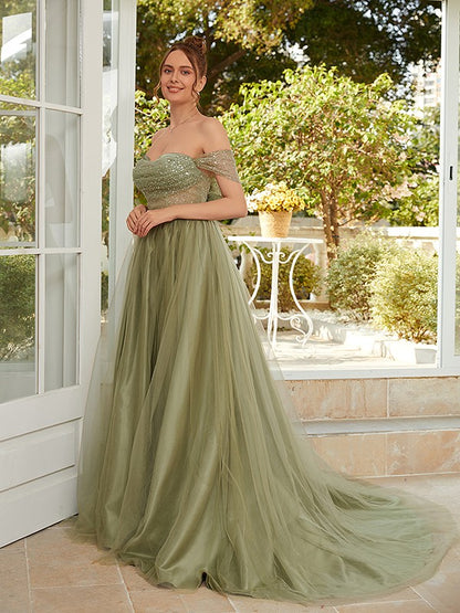 Wholesa A-Line/Princess Tulle Ruched Off-the-Shoulder Sleeveless Court Train Dresses