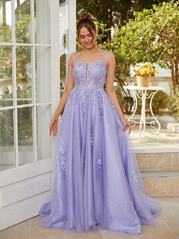 Wholesa A-Line/Princess Tulle Applique Straps Sleeveless Court Train Dresses