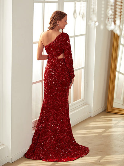 Wholesa Sheath/Column Velvet Sequins One-Shoulder Long Sleeves Sweep/Brush Train Dresses