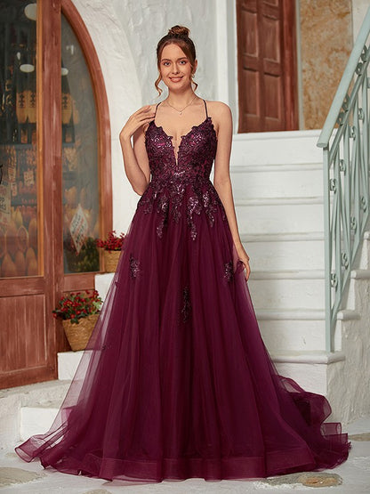 Wholesa A-Line/Princess Tulle Applique V-neck Sleeveless Court Train Dresses