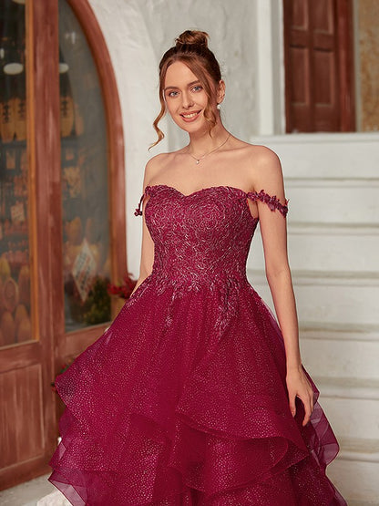 Wholesa A-Line/Princess Applique Off-the-Shoulder Sleeveless Floor-Length Dresses