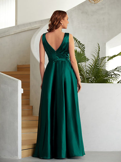 Wholesa A-Line/Princess Woven Satin Ruched V-neck Sleeveless Floor-Length Dresses