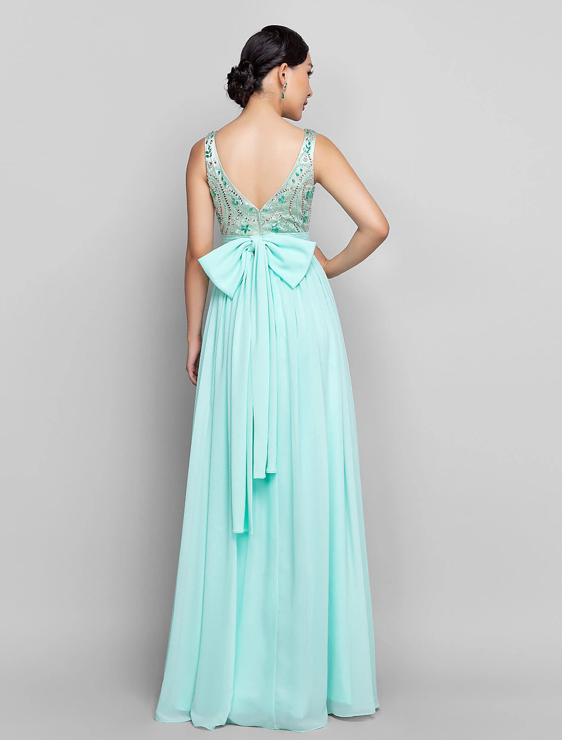 Wholesa  A-Line Beaded & Sequin Holiday Cocktail Party Prom Dress Scoop Neck Sleeveless Floor Length Chiffon with Bow(s) Ruched Beading