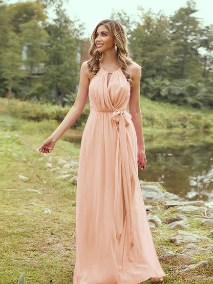 Wholesa A-Line/Princess Chiffon Ruffles Halter Sleeveless Sweep/Brush Train Bridesmaid Dresses