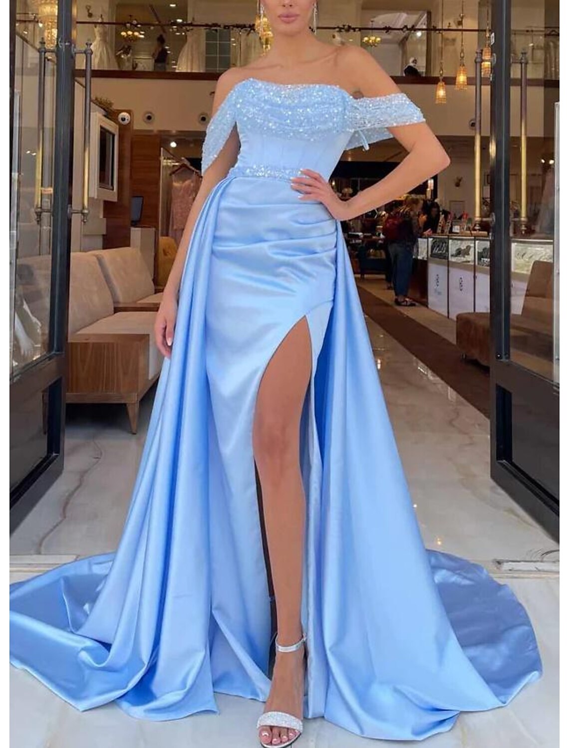 Wholesa A-Line Prom Dresses Elegant Dress Formal Prom Sweep / Brush Train Short Sleeve Off Shoulder Satin with Ruched Sequin Slit