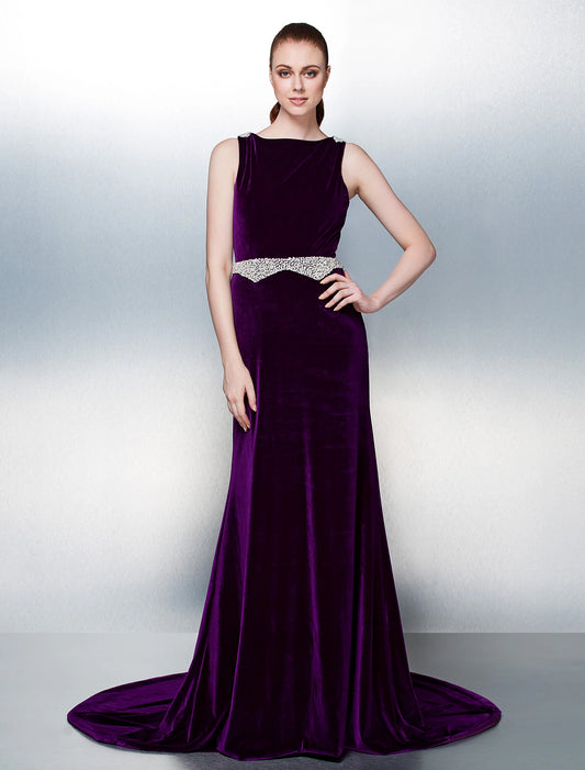 Wholesa A-Line Open Back Formal Evening Dress Bateau Neck Sleeveless Court Train Velvet with Sash / Ribbon Pearls Beading